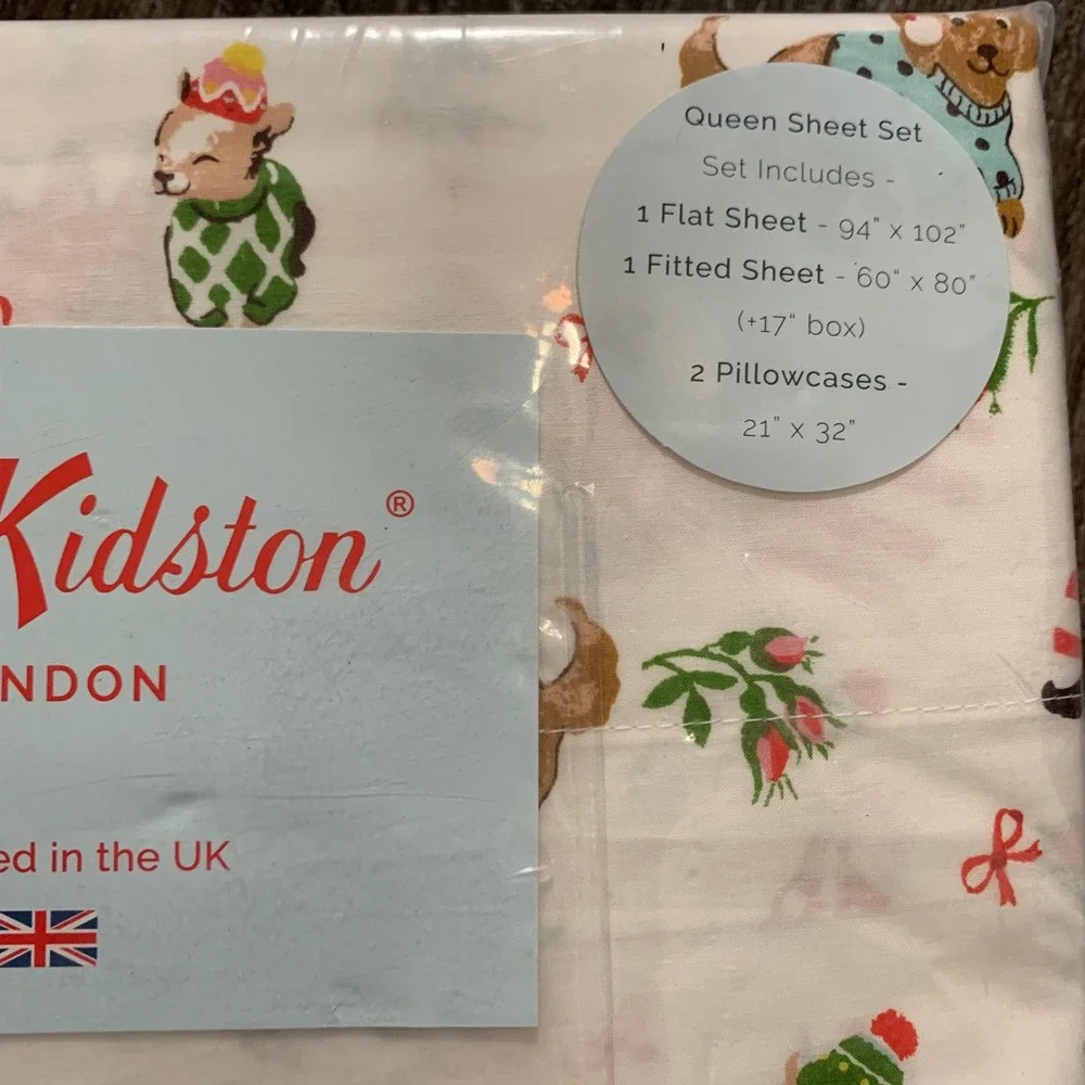 Cath Kidston London Queen Sheet Set Christmas Puppy Love Cotton Dog Roses NWT